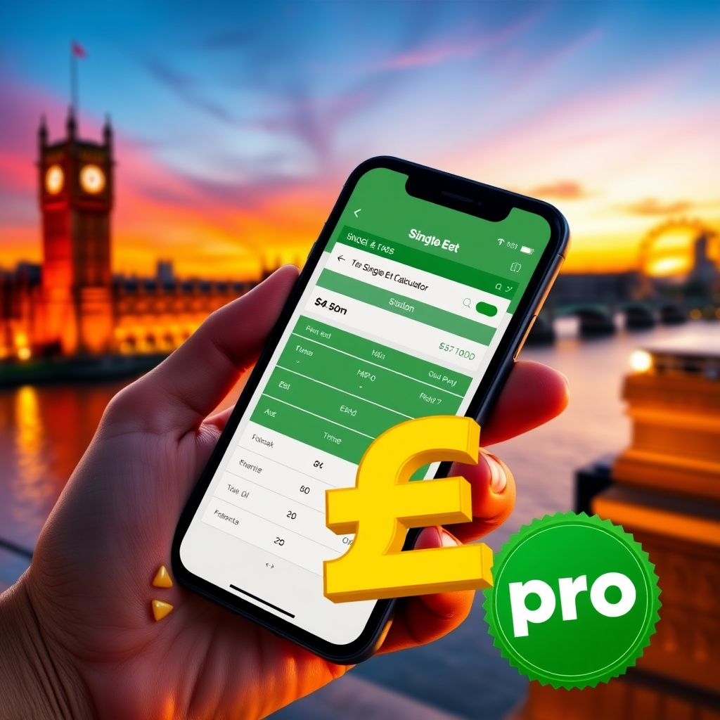A hand holding a high-end smartphone displaying a professional Single Bet Calculator app with a clean white and green interface, background is the London skyline with the Big Ben and Westminster at sunset, 3D golden British Pound symbols (£) and green pro